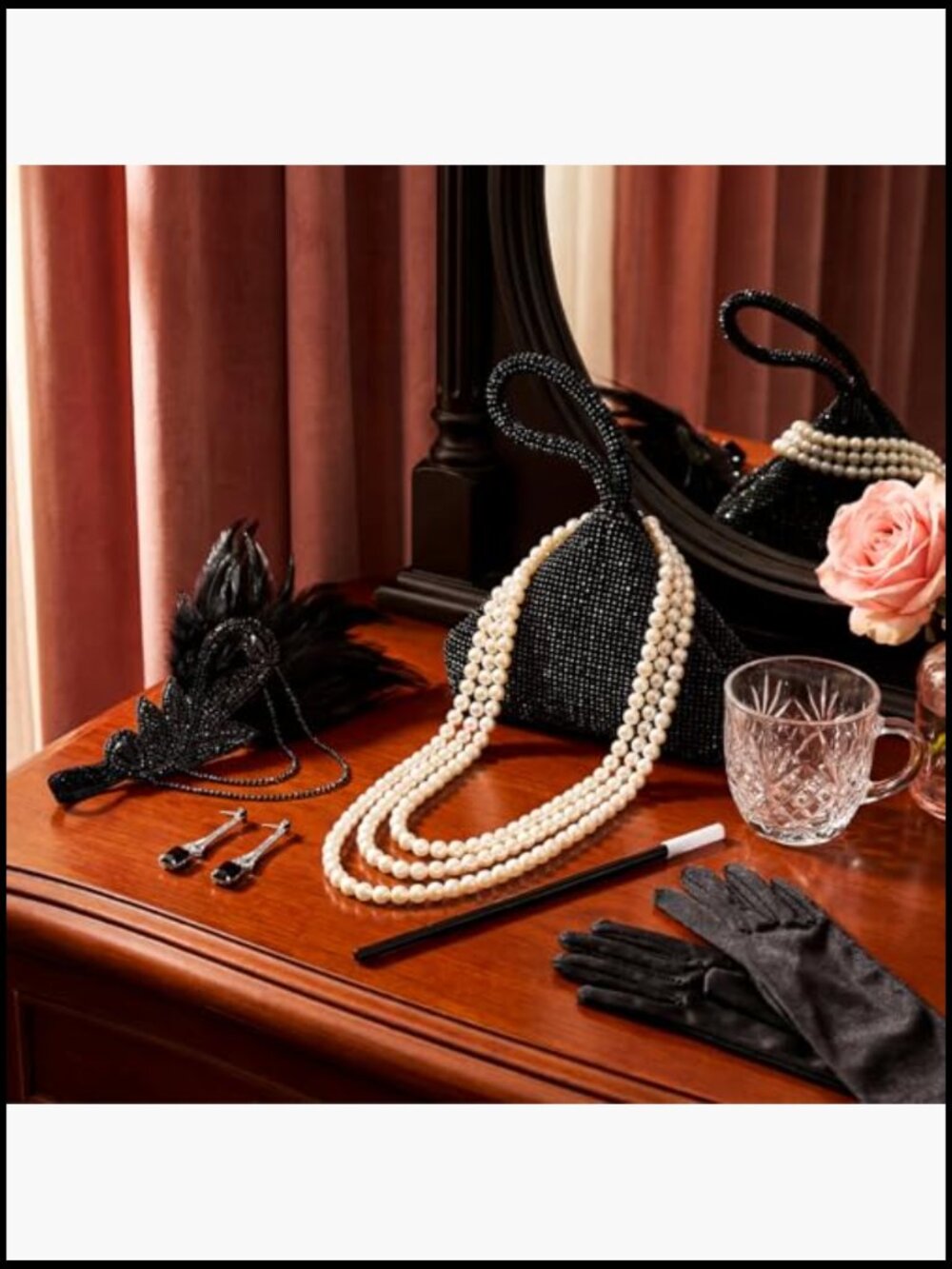 1920s Flapper Accessory Set Faux Fur Shawl Clutch Gloves Jewelry Set - Picture 3 of 7